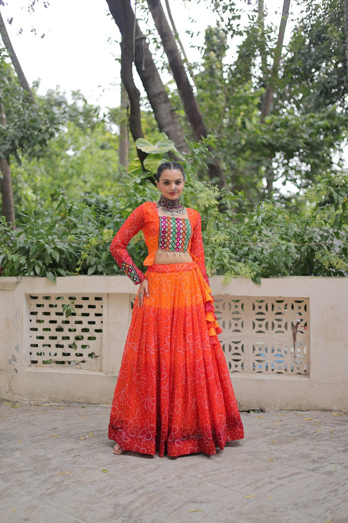 Orange Bandhani Print Lehenga with Kutchi Gamthi Patchwork & Matching Blouse ClothsVilla