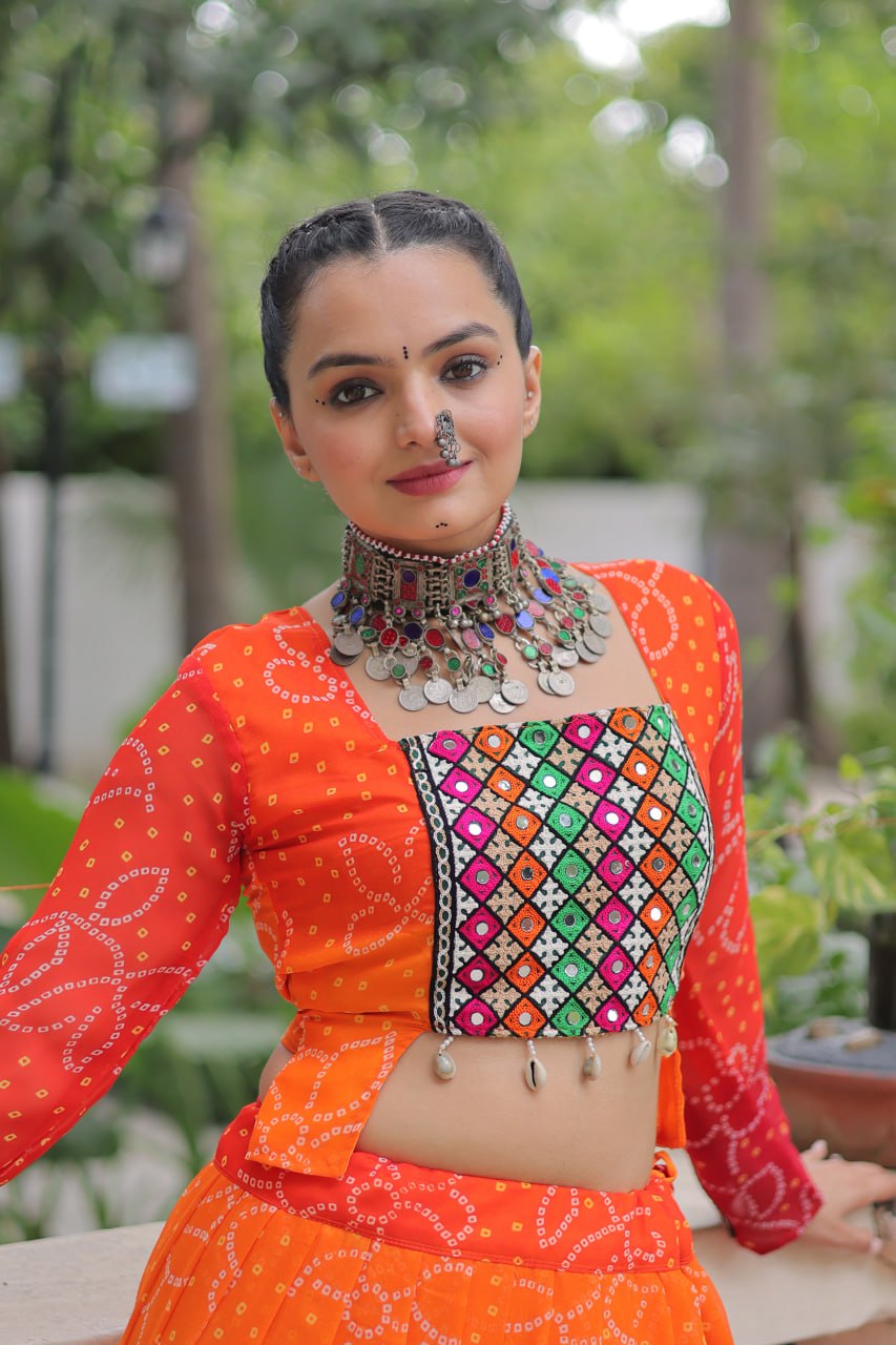 Orange Bandhani Print Lehenga with Kutchi Gamthi Patchwork & Matching Blouse ClothsVilla