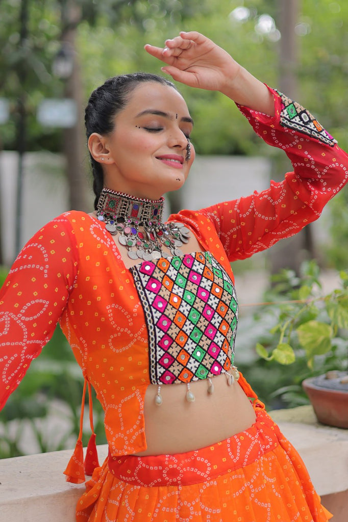 Orange Bandhani Print Lehenga with Kutchi Gamthi Patchwork & Matching Blouse ClothsVilla