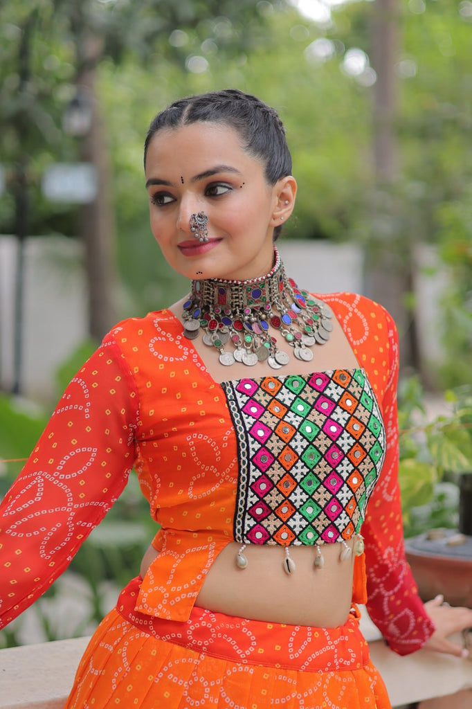Orange Bandhani Print Lehenga with Kutchi Gamthi Patchwork & Matching Blouse ClothsVilla