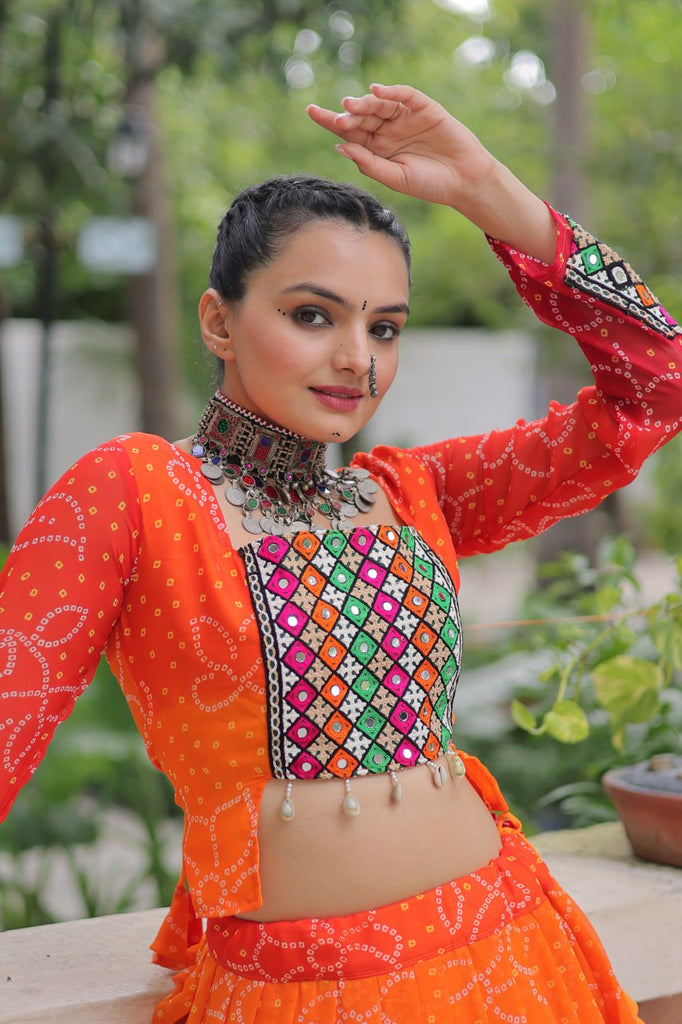 Orange Bandhani Print Lehenga with Kutchi Gamthi Patchwork & Matching Blouse ClothsVilla
