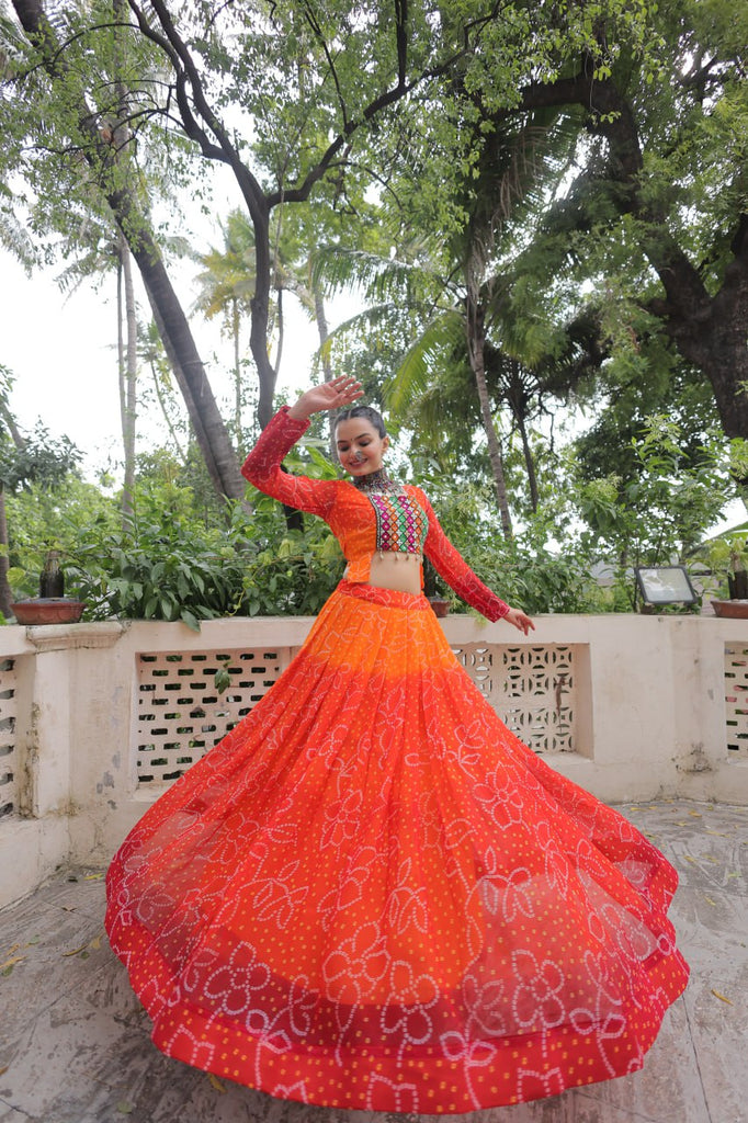 Orange Bandhani Print Lehenga with Kutchi Gamthi Patchwork & Matching Blouse ClothsVilla