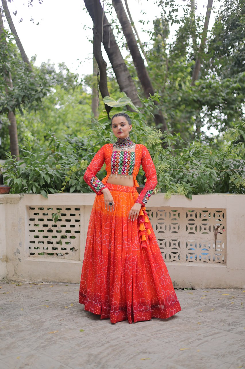 Orange Bandhani Print Lehenga with Kutchi Gamthi Patchwork & Matching Blouse ClothsVilla Main image
