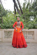 Load image into Gallery viewer, Orange Bandhani Print Lehenga with Kutchi Gamthi Patchwork &amp; Matching Blouse ClothsVilla