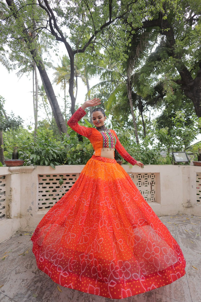 Orange Bandhani Print Lehenga with Kutchi Gamthi Patchwork & Matching Blouse ClothsVilla