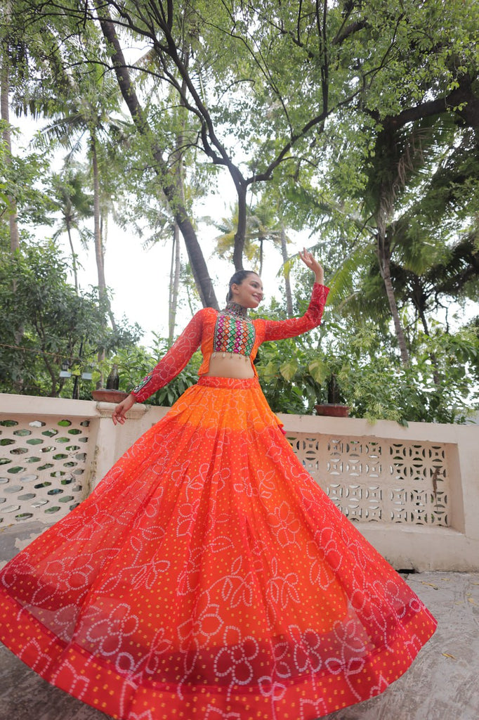 Orange Bandhani Print Lehenga with Kutchi Gamthi Patchwork & Matching Blouse ClothsVilla