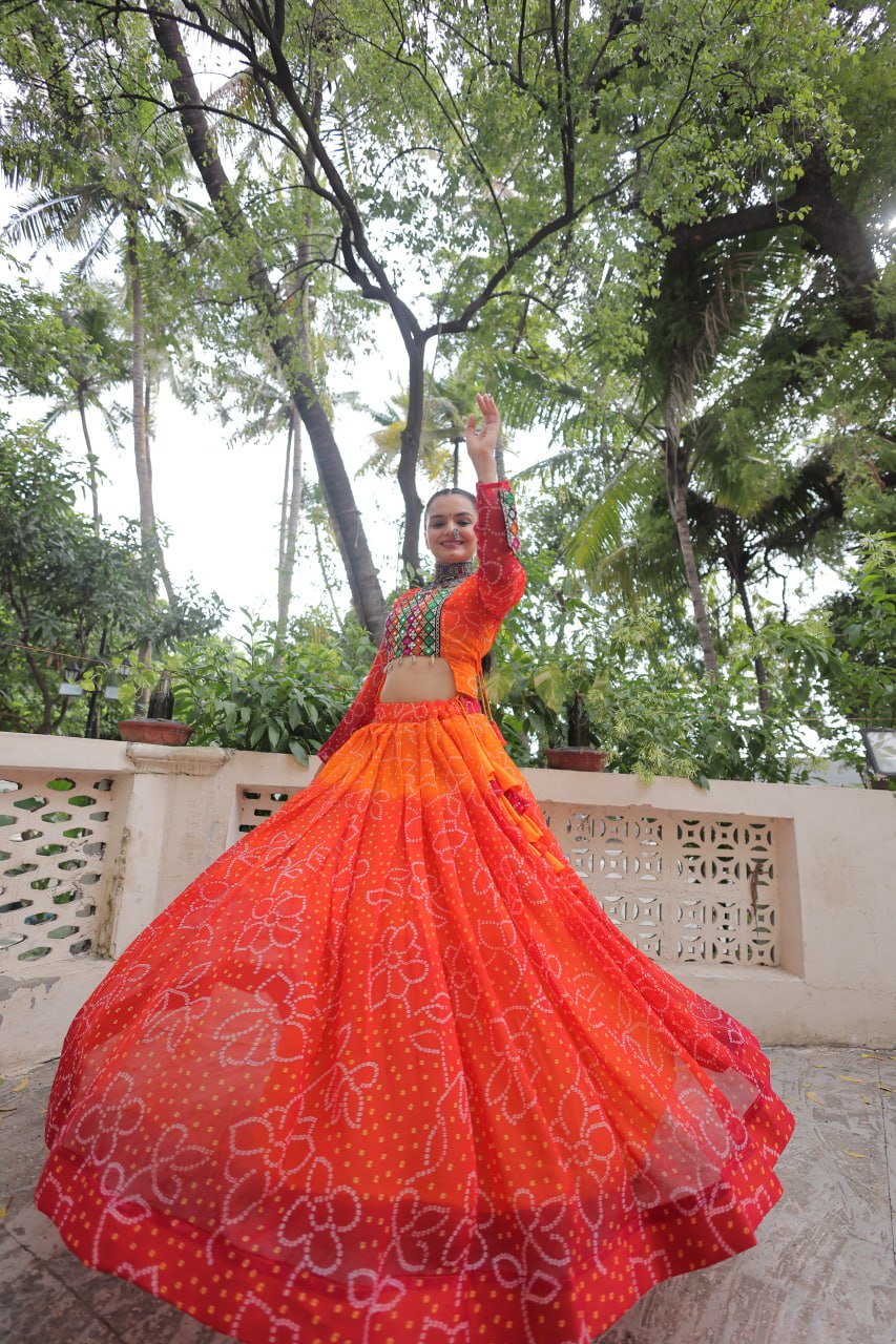 Orange Bandhani Print Lehenga with Kutchi Gamthi Patchwork & Matching Blouse ClothsVilla