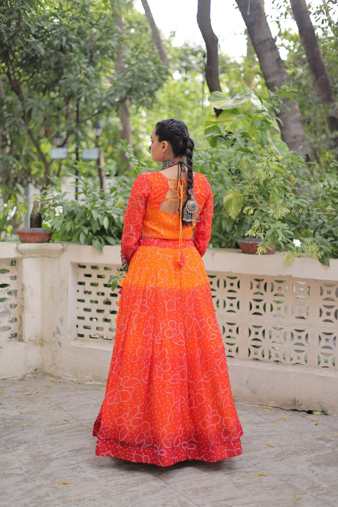 Orange Bandhani Print Lehenga with Kutchi Gamthi Patchwork & Matching Blouse ClothsVilla