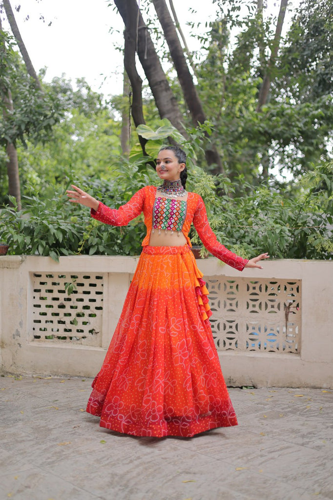 Orange Bandhani Print Lehenga with Kutchi Gamthi Patchwork & Matching Blouse ClothsVilla