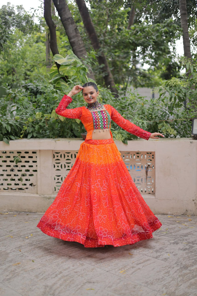 Orange Bandhani Print Lehenga with Kutchi Gamthi Patchwork & Matching Blouse ClothsVilla