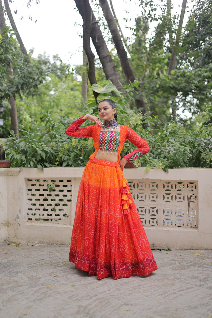 Orange Bandhani Print Lehenga with Kutchi Gamthi Patchwork & Matching Blouse ClothsVilla