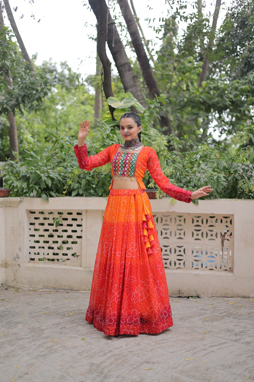 Orange Bandhani Print Lehenga with Kutchi Gamthi Patchwork & Matching Blouse ClothsVilla