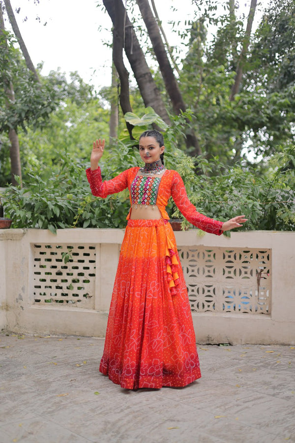 Orange Bandhani Print Lehenga with Kutchi Gamthi Patchwork & Matching Blouse ClothsVilla