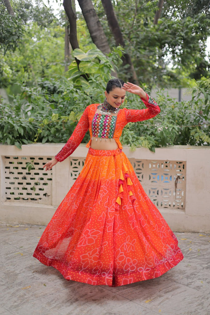 Orange Bandhani Print Lehenga with Kutchi Gamthi Patchwork & Matching Blouse ClothsVilla
