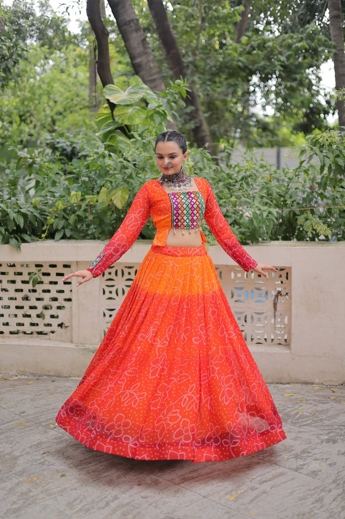 Orange Bandhani Print Lehenga with Kutchi Gamthi Patchwork & Matching Blouse ClothsVilla