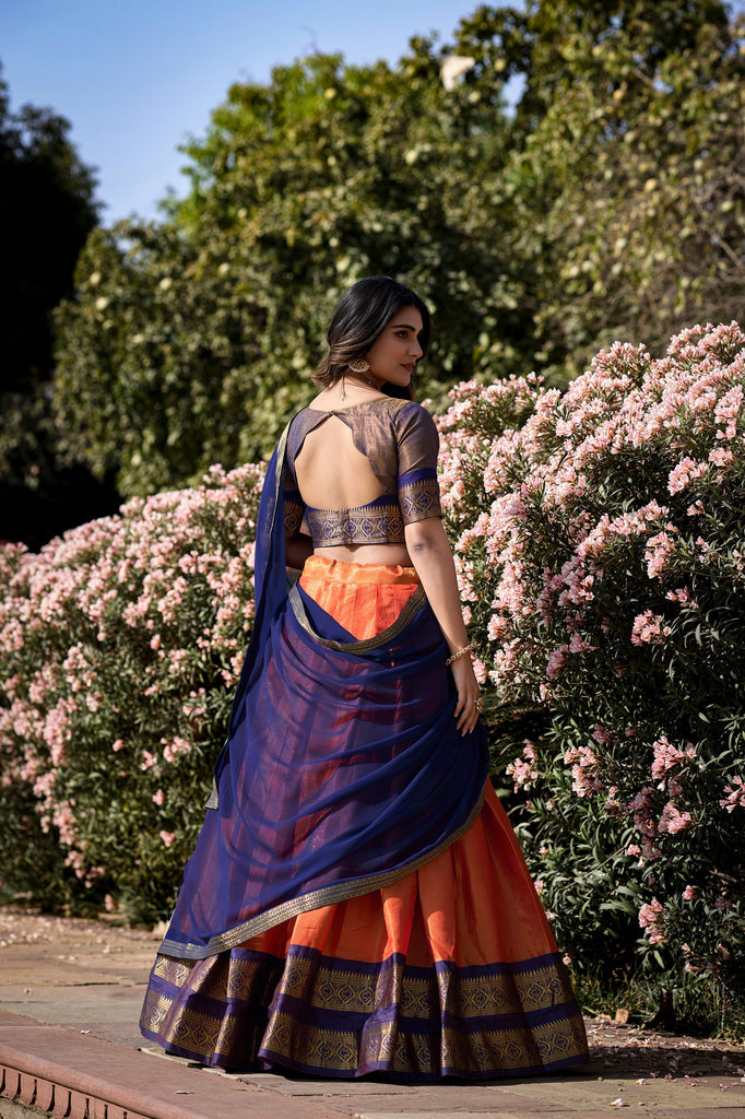 Orange Breathtaking South-Indian Kanchipuram Silk Lehenga Choli Set with Zari Weaving ClothsVilla