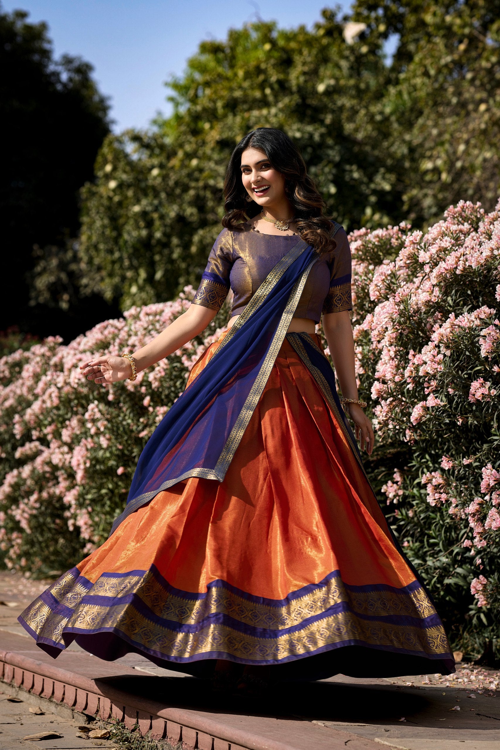 Orange Breathtaking South-Indian Kanchipuram Silk Lehenga Choli Set with Zari Weaving Secondary image