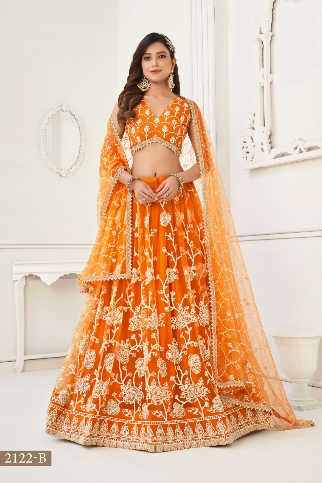 Orange Butterfly Net Lehenga with White Cotton Thread Work and Sequence Embroidery Clothsvilla Main image