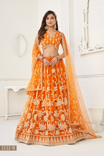 Orange Butterfly Net Lehenga with White Cotton Thread Work and Sequence Embroidery Clothsvilla
