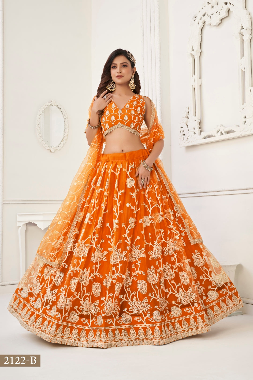 Orange Butterfly Net Lehenga with White Cotton Thread Work and Sequence Embroidery Clothsvilla