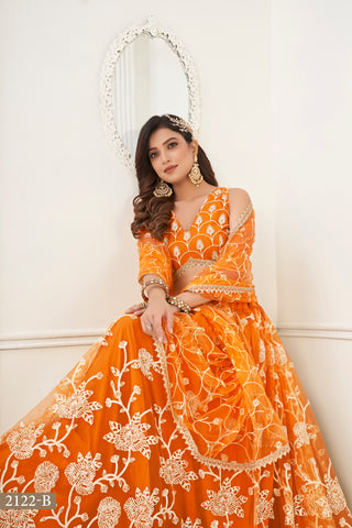 Orange Butterfly Net Lehenga with White Cotton Thread Work and Sequence Embroidery Clothsvilla