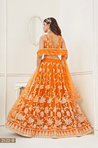 Orange Butterfly Net Lehenga with White Cotton Thread Work and Sequence Embroidery Clothsvilla