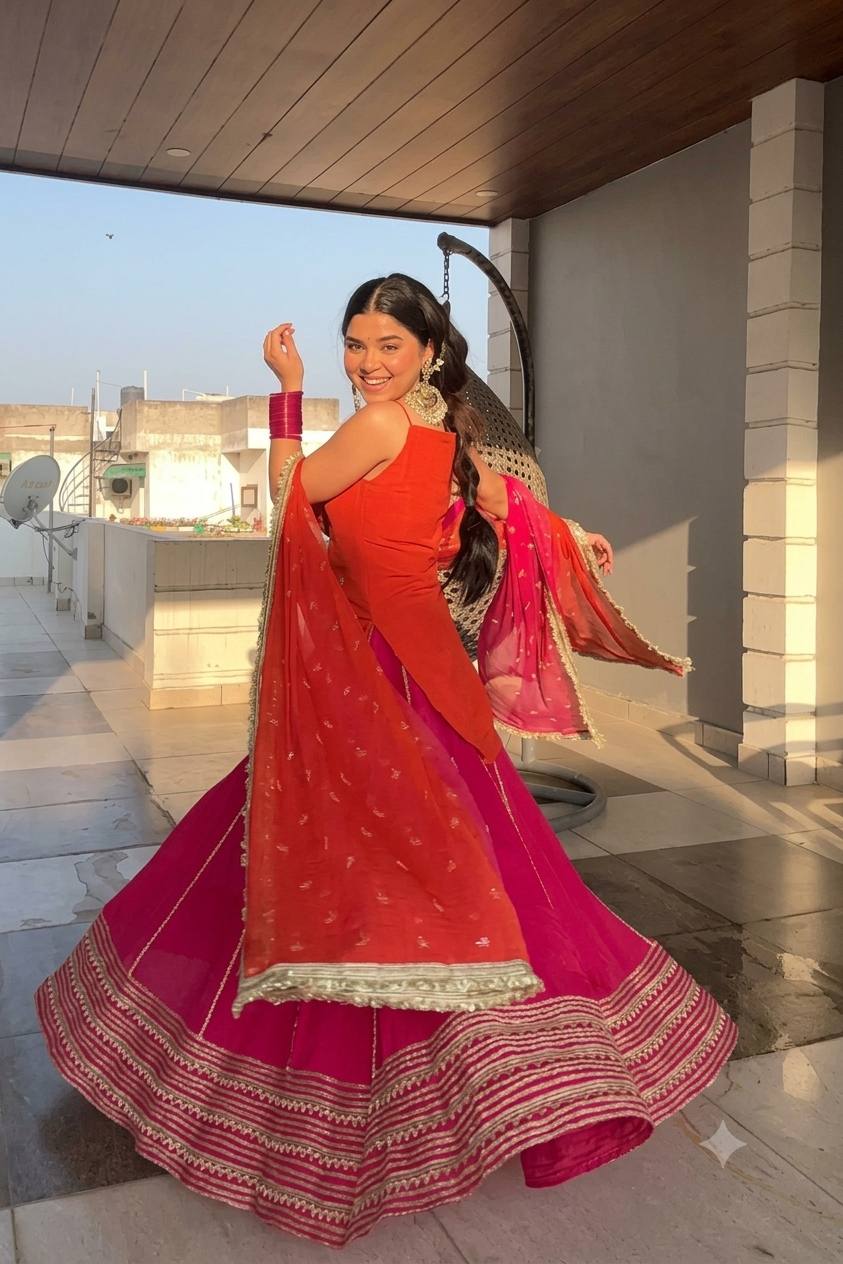 Orange Chinon Embroidered Top Lehenga Set ClothsVilla