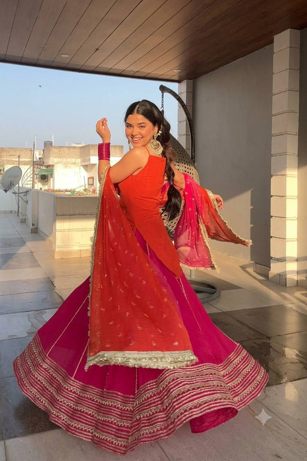 Orange Chinon Embroidered Top Lehenga Set ClothsVilla