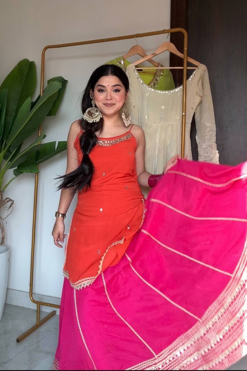 Orange Chinon Embroidered Top Lehenga Set ClothsVilla