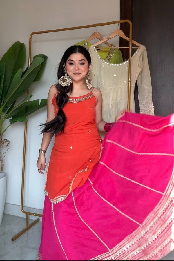 Orange Chinon Embroidered Top Lehenga Set ClothsVilla