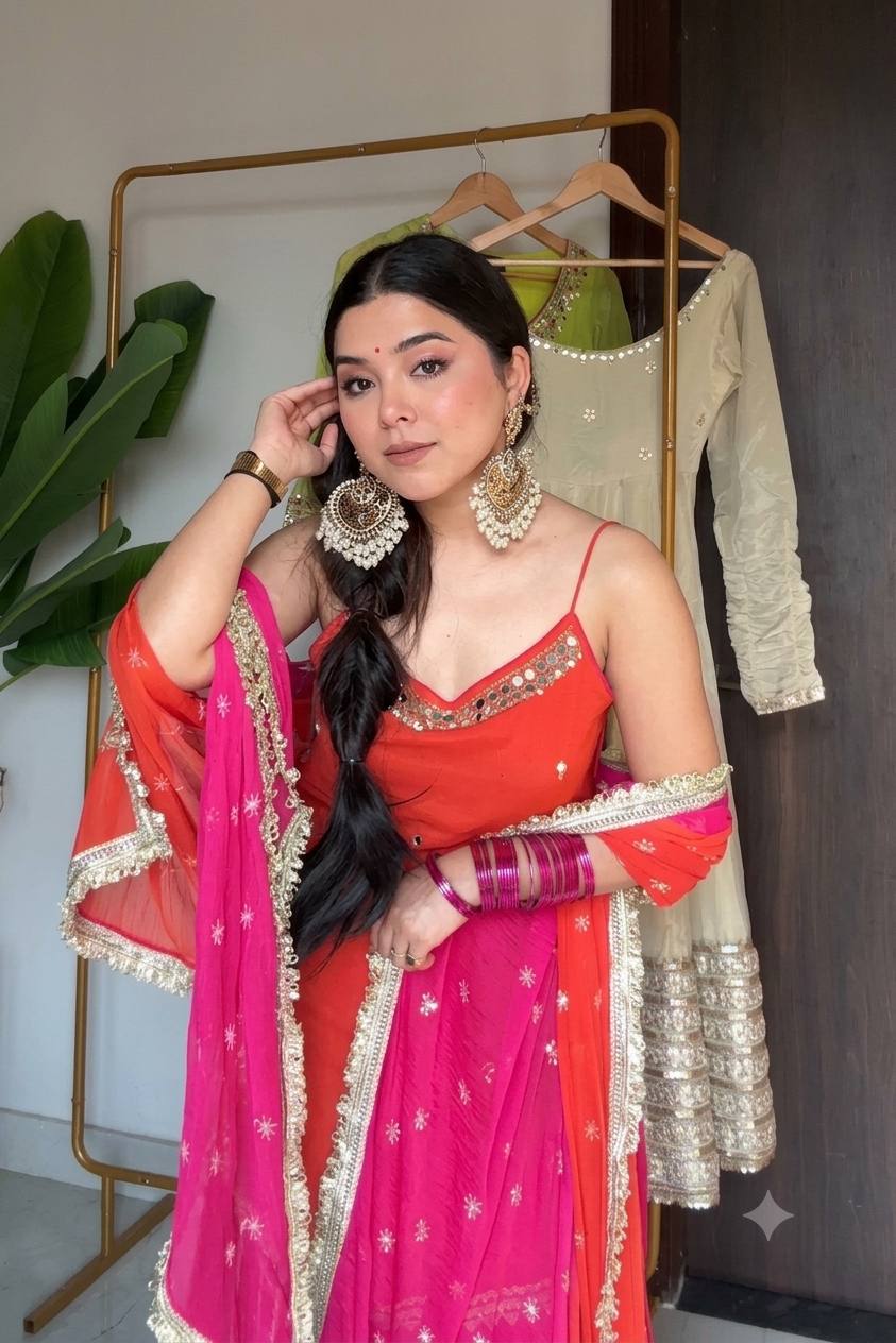 Orange Chinon Embroidered Top Lehenga Set ClothsVilla