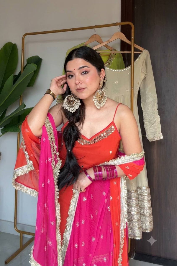 Orange Chinon Embroidered Top Lehenga Set ClothsVilla