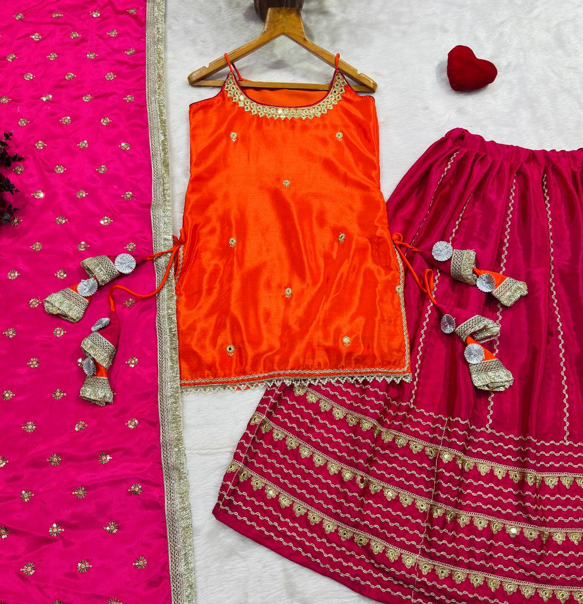 Orange Chinon Embroidered Top Lehenga Set ClothsVilla