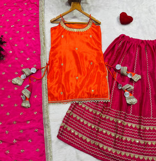 Orange Chinon Embroidered Top Lehenga Set ClothsVilla
