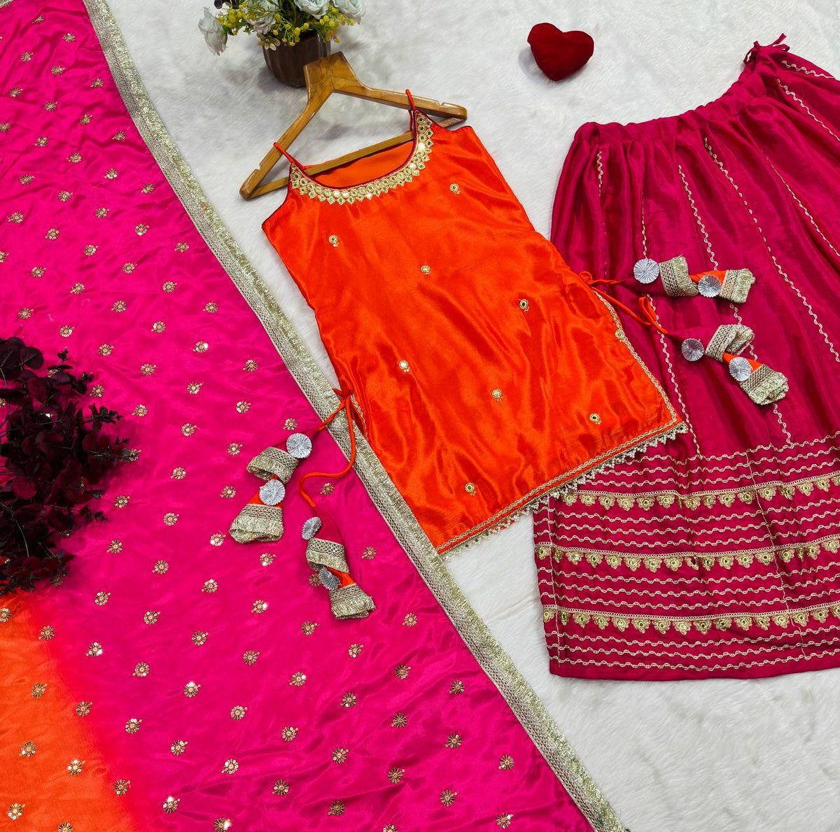Orange Chinon Embroidered Top Lehenga Set ClothsVilla