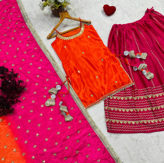 Orange Chinon Embroidered Top Lehenga Set ClothsVilla