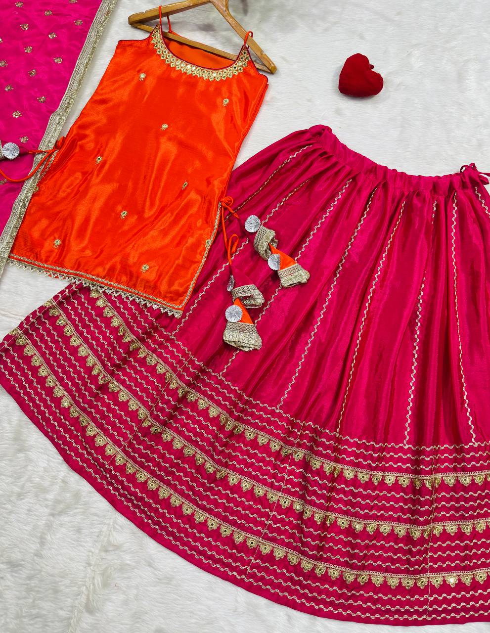 Orange Chinon Embroidered Top Lehenga Set ClothsVilla