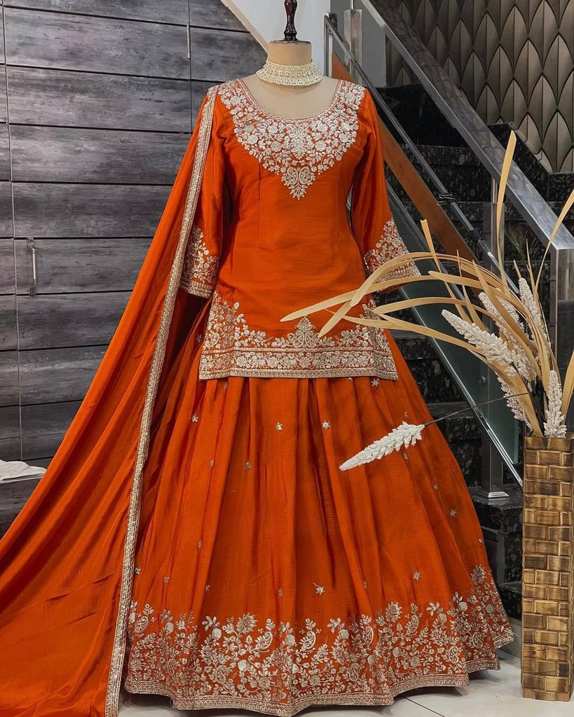 Orange Chinon Silk Lehenga Set with Sequin Work & Lace Border Dupatta  Full-Stitched Traditional Wear ClothsVilla