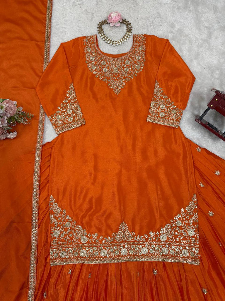 Orange Chinon Silk Lehenga Set with Sequin Work & Lace Border Dupatta  Full-Stitched Traditional Wear ClothsVilla