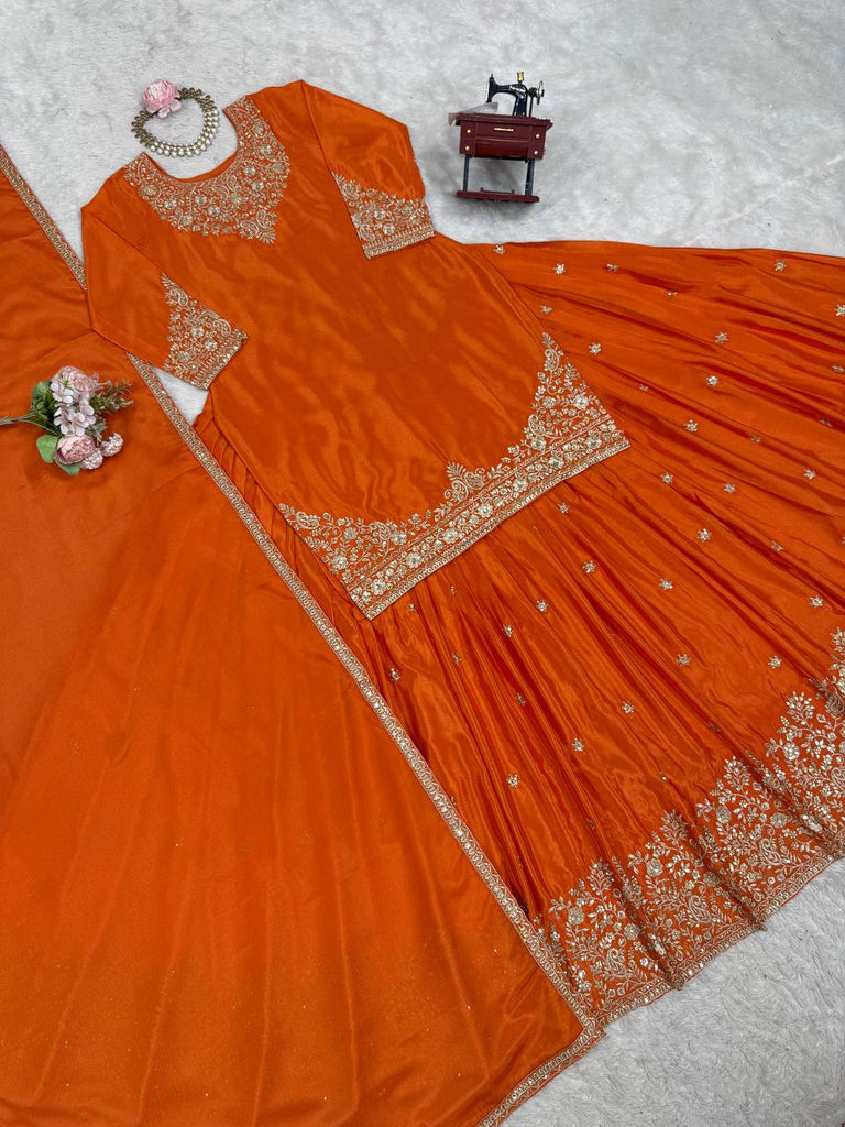 Orange Chinon Silk Lehenga Set with Sequin Work & Lace Border Dupatta  Full-Stitched Traditional Wear ClothsVilla