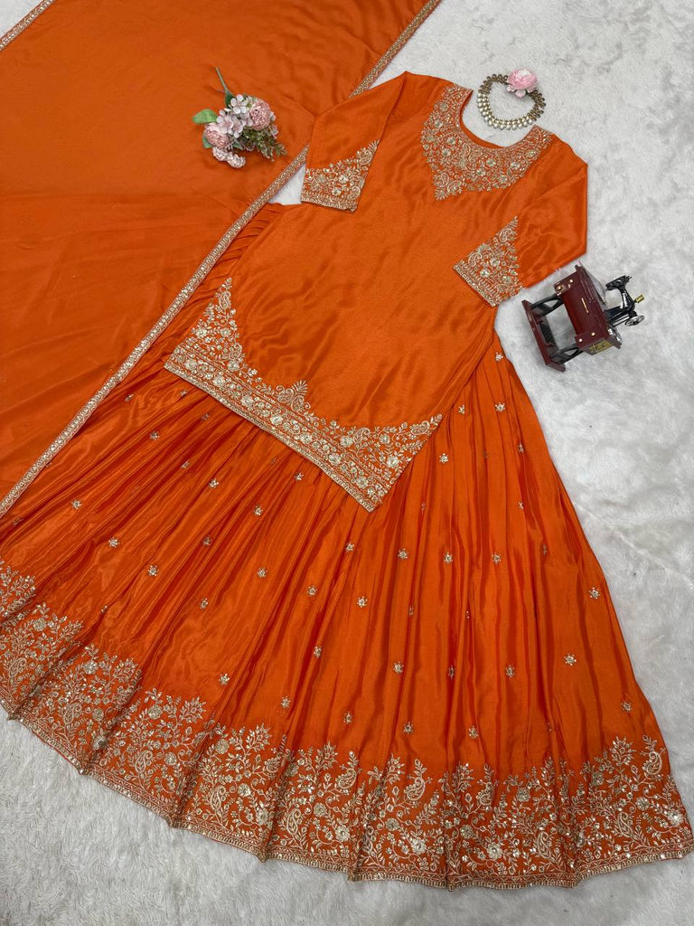 Orange Chinon Silk Lehenga Set with Sequin Work & Lace Border Dupatta  Full-Stitched Traditional Wear ClothsVilla