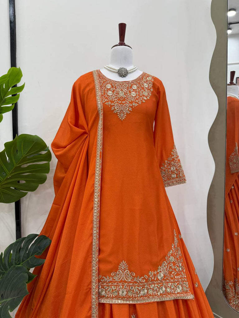 Orange Chinon Silk Lehenga Set with Sequin Work & Lace Border Dupatta  Full-Stitched Traditional Wear ClothsVilla