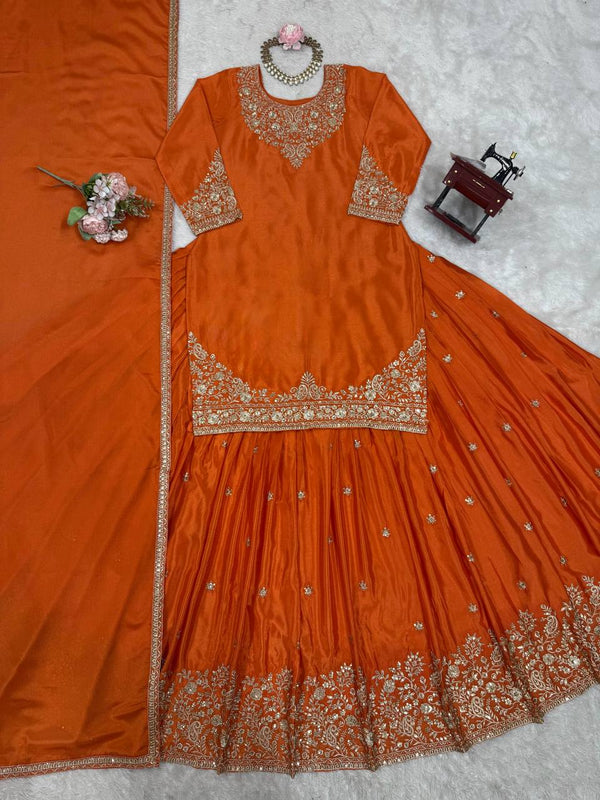 Orange Chinon Silk Lehenga Set with Sequin Work & Lace Border Dupatta  Full-Stitched Traditional Wear ClothsVilla