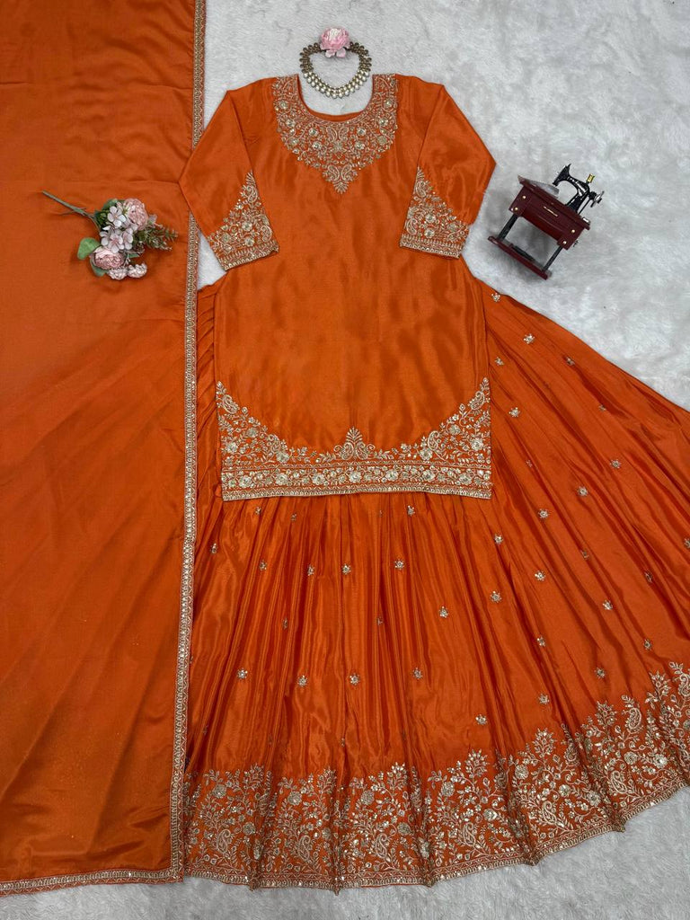 Orange Chinon Silk Lehenga Set with Sequin Work & Lace Border Dupatta  Full-Stitched Traditional Wear ClothsVilla