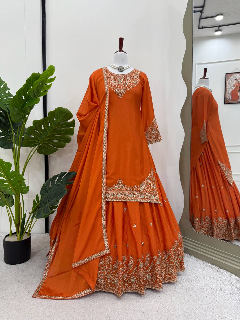 Orange Chinon Silk Lehenga Set with Sequin Work & Lace Border Dupatta  Full-Stitched Traditional Wear ClothsVilla Main image