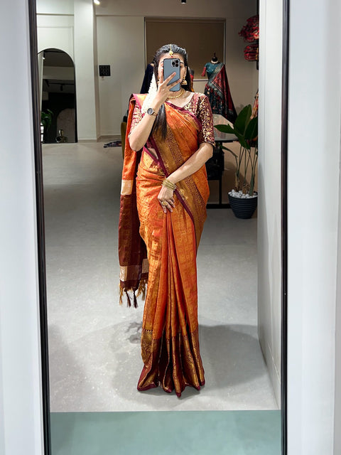 Orange Color Kanjivaram Silk Saree with Exquisite Zari Weaving ClothsVilla Main image
