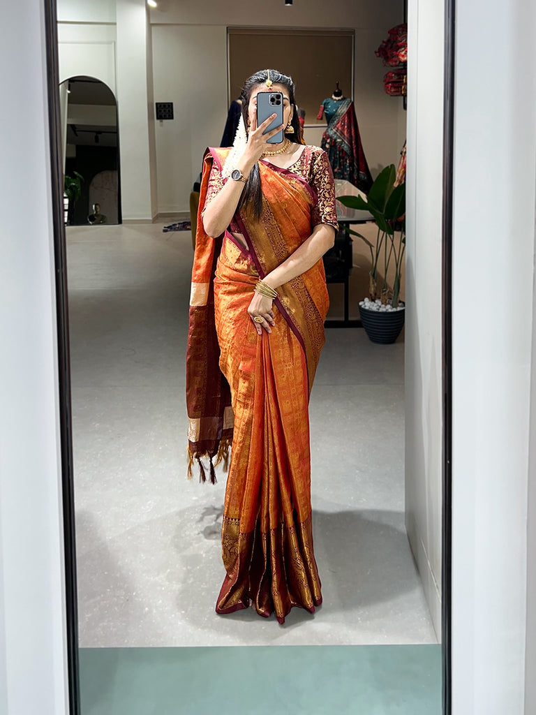 Orange Color Kanjivaram Silk Saree with Exquisite Zari Weaving ClothsVilla