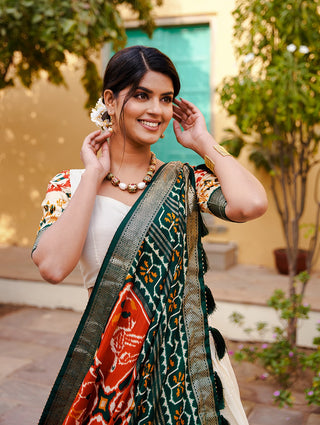 Orange Color Patola Print Tussar Silk Lehenga Choli Set with Foil Detailing & Can Can ClothsVilla