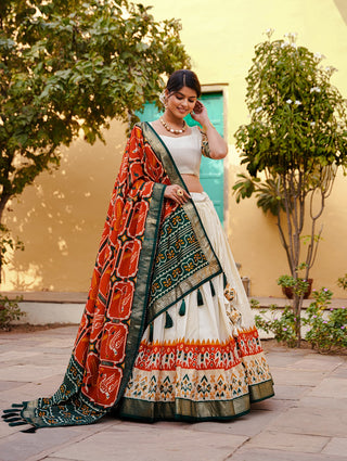 Orange Color Patola Print Tussar Silk Lehenga Choli with Foil Detailing ClothsVilla