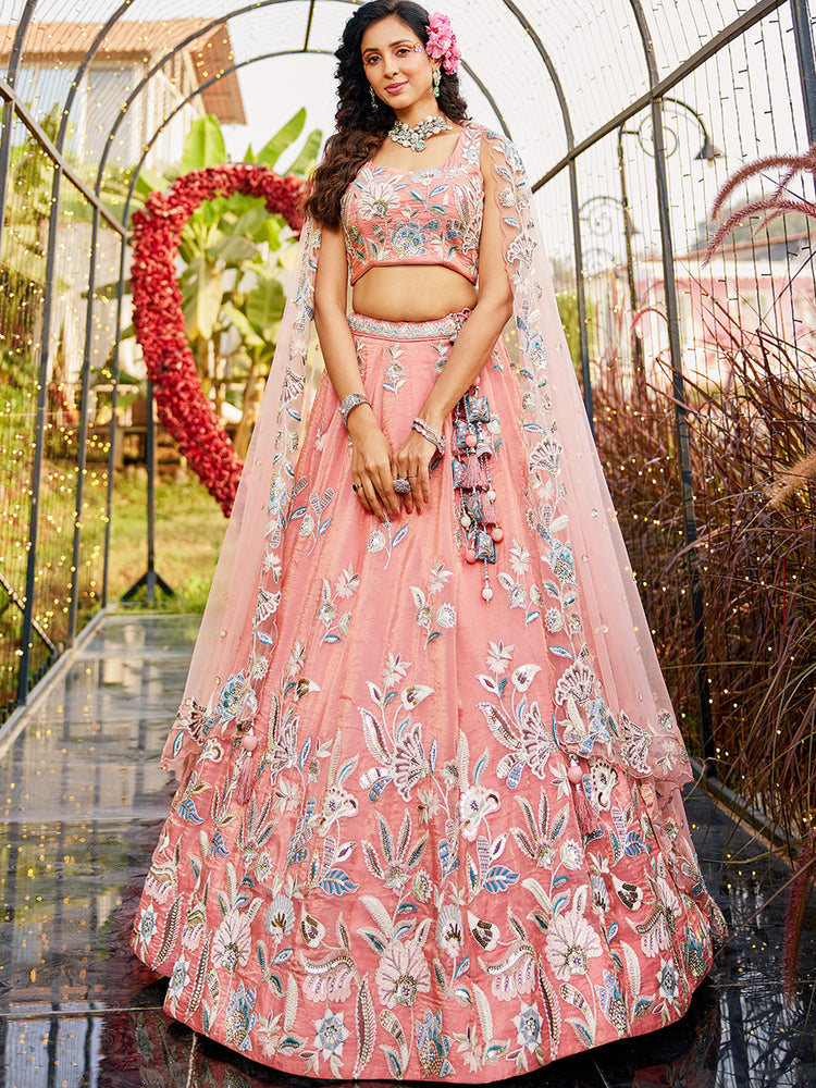 Orange colour Orange with Sequinse & Thread embroidery Semi-Stitched Lehenga choli & Dupatta ClothsVilla